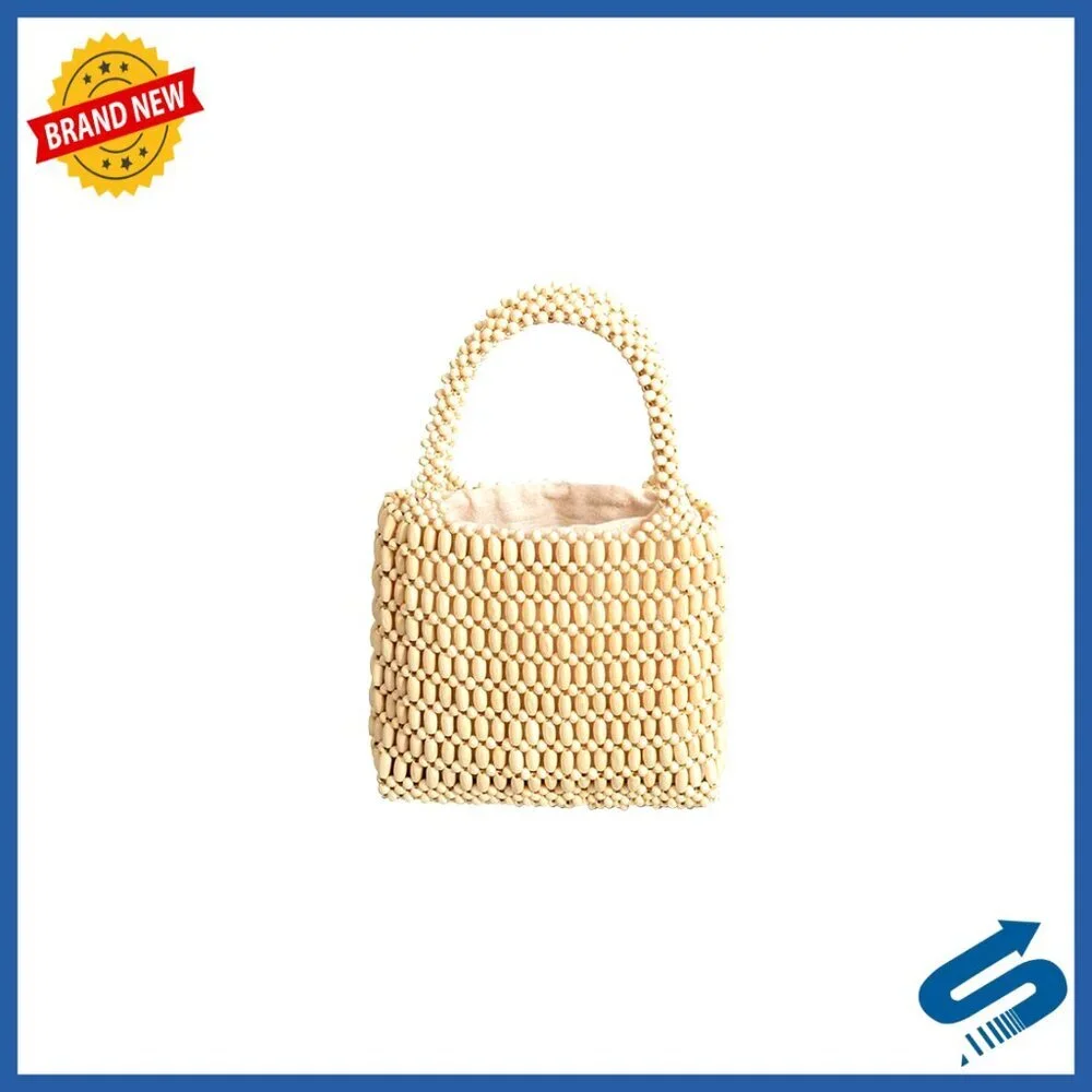 Handwoven Wooden Bead Tote Bag Boho Mini Drawstring Clutch Beach Bag